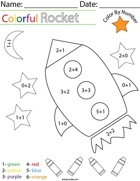 Addition- Color by Number Rocket Math Worksheet - Twisty Noodle ...