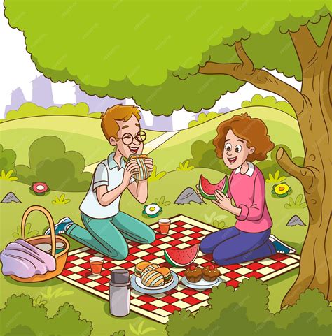 Premium Vector | Young couple having picnic in the park Vector ...