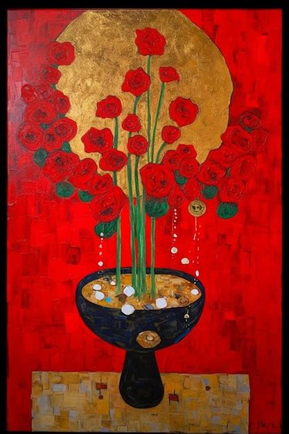 Premium AI Image | A painting of a red vase with red roses in it.