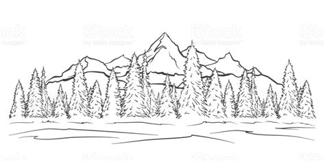 Hand drawn Mountains sketch landscape with peaks and pine forest ...