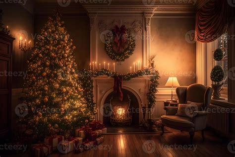 Beautiful cozy Christmas interior with a fireplace. Neural network ...