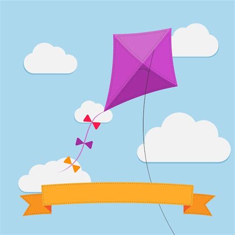 Premium Vector | Flying kite in the sky between clouds with space for ...