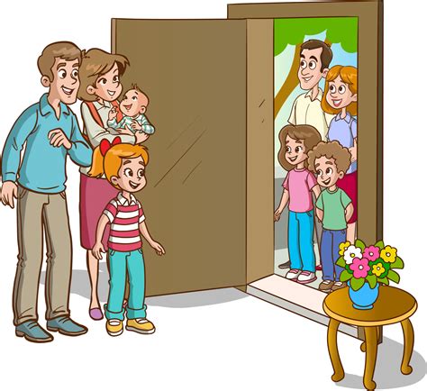 family welcoming guests at the door 12576806 Vector Art at Vecteezy