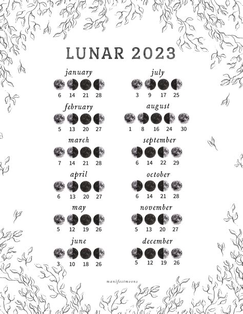 2023 Lunar Calendar, Moon Printable Calendar, Vertical Moon Calendar ...