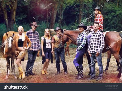 Group Young Smiling Cowboys Cowgirls Looking Stock Photo 696809737 ...