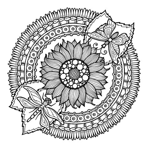 Mandala dragonfly and flowers - M&alas Adult Coloring Pages