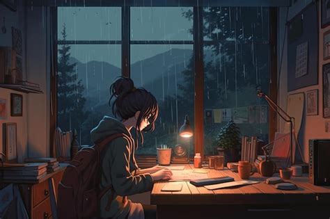 Cartoon lofi young manga style girl studying while listening to music ...