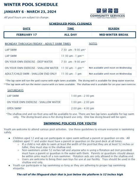 Pool Schedule - Forest Hills Aquatic Center - Forest Hills Public Schools