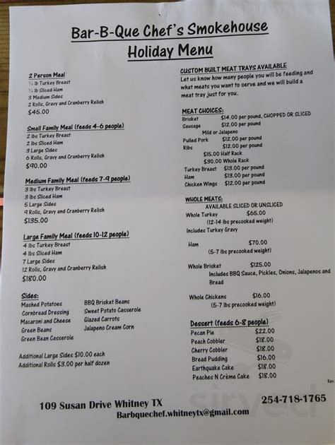 Bar-B-Que Chef's Smokehouse menu in Whitney, Texas, USA