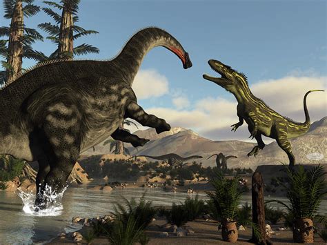 Torvosaurus and apatosaurus dinosaurs fighting - 3D render Digital Art ...