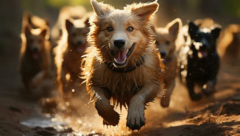 A cute puppy playing in the water, enjoying the outdoors generated by ...