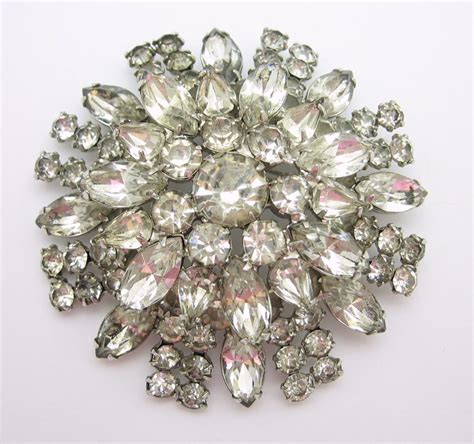 RHINESTONE Double Level FLOWER BROOCH Vintage PIN in Silvertone HUGE ...