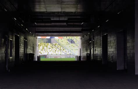 Stadium tunnel leading to the pitch. Entrance to the soccer or football ...