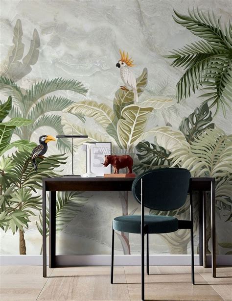 Green Tropical Forest with Parrot Wallpaper Mural | Mural wallpaper ...