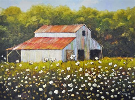 cotton field with barn | Cotton Field Painting Barn cotton field | Farm ...