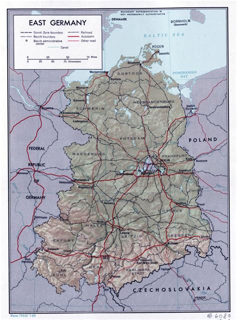 Large political and administrative map of East Germany with relief ...