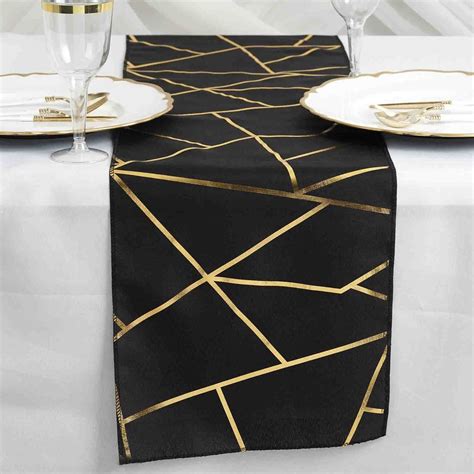 9FT | Modern Gold Foil Geometric Pattern Black Table Runner Decor ...