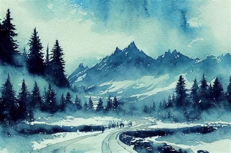 Premium AI Image | A watercolor painting of a snowy landscape with ...