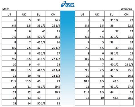 Asics Kids Shoe Size Chart