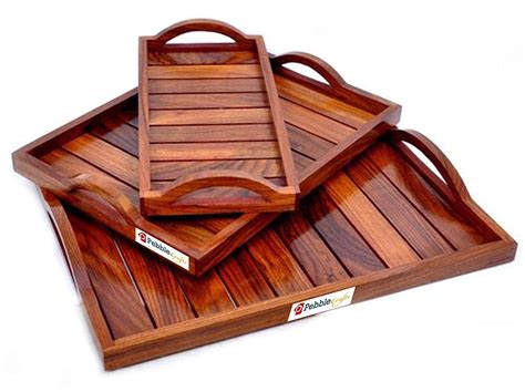 CRAFTYKART Wooden Sheesham Wood Serving Tray Set -3 – Standard Size ...