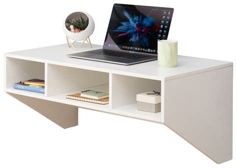 Wall Mounted Office Computer Desk with Three Compartments, White ...