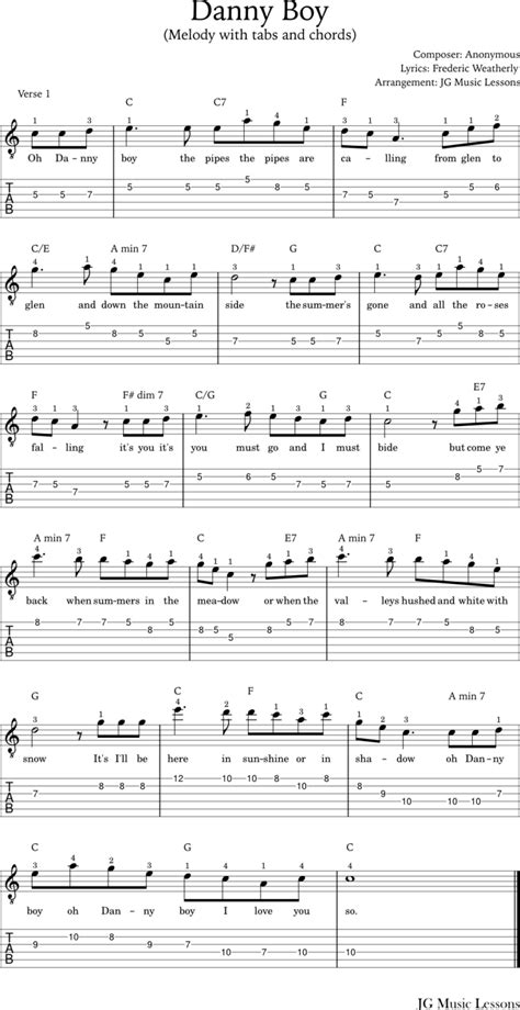 Danny Boy - chords, melody with tabs, and guitar arrangement - JG Music ...