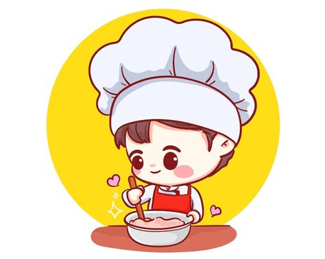 Premium Vector | Cute bakery chef boy smiling cartoon art illustration ...