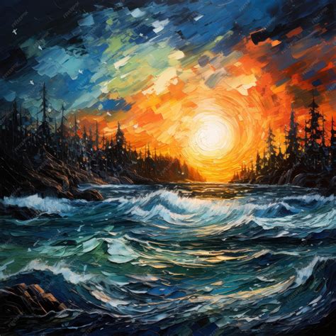 Premium AI Image | a painting of a sunset over a river