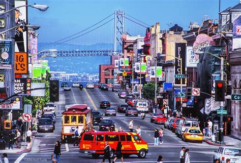 Broadway In North Beach With Bay Bridge In The Background, San ...