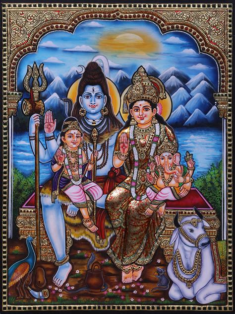 Lord Shiva With Devi Parvati Baal Ganesha Kartikeya And Nandi Tanjore ...