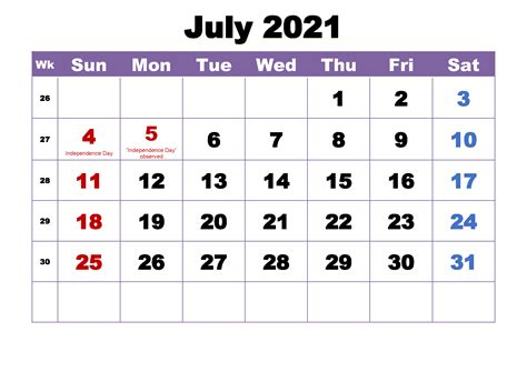 July 2021 Calendar with Holidays Printable, July 2021 Holidays Country ...