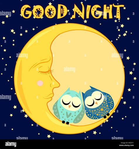 Good night. A postcard with a dozing crescent, two lovely cartoon owls ...