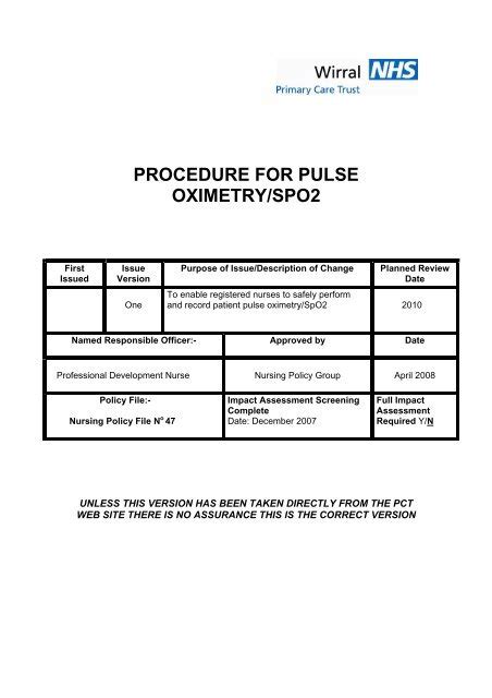 PROCEDURE FOR PULSE OXIMETRY/SPO2