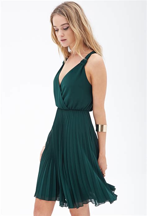 Lyst - Forever 21 Pleated Chiffon Dress in Green