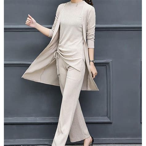 Women Kintted 3 Piece Set Long Coat Vest Tops Suit Wide Leg Pants ...