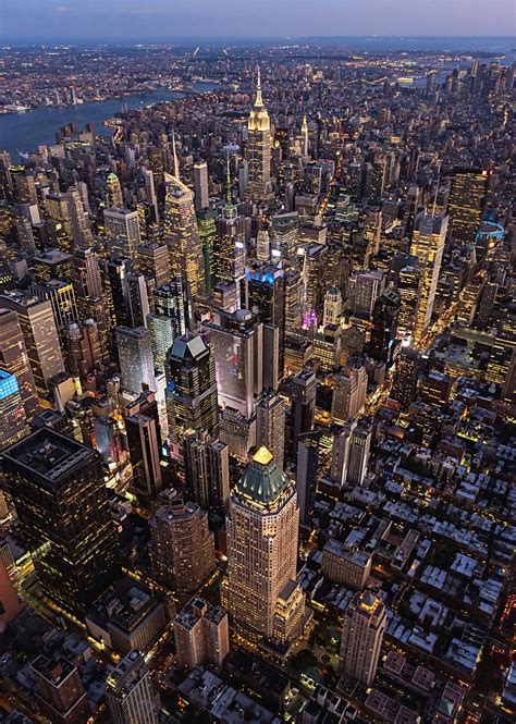 Aerial view of New York cityscape at dusk, New York, United States ...