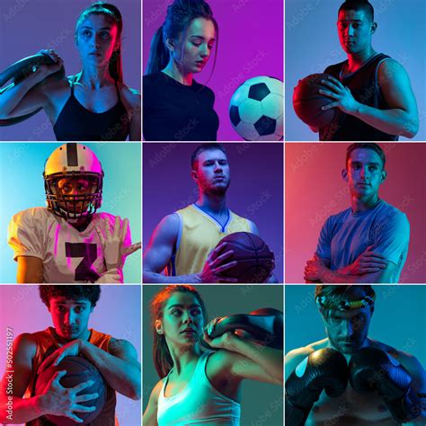 Collage of professional sportsmen in sports uniform isolated on ...