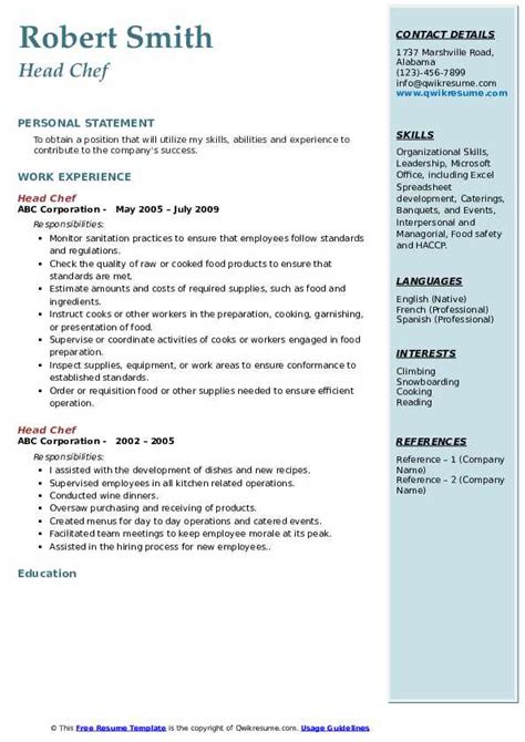 Head Chef Resume Samples | QwikResume