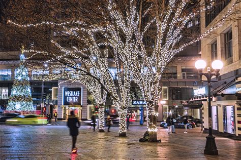 Westlake Park in downtown Seattle features illuminated trees and ...