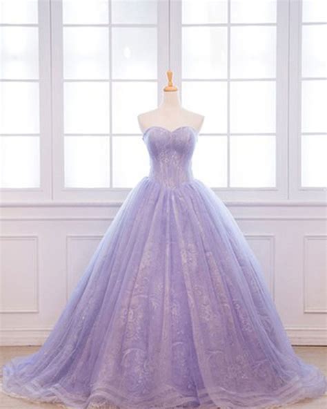 Unique Lavender Lace Long Puffy Evening Dress, Long Customize Prom ...