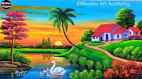 a painting of swans in front of a house and lake with palm trees on ...