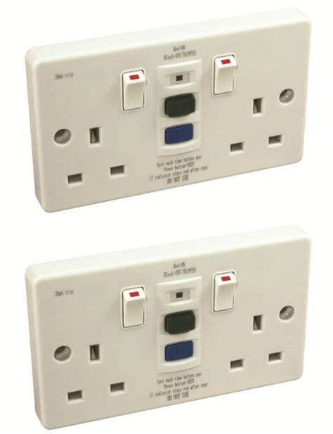 2 x Two Gang RCD Switch Sockets (Latching / Passive) 30mA 30mA Trip ...