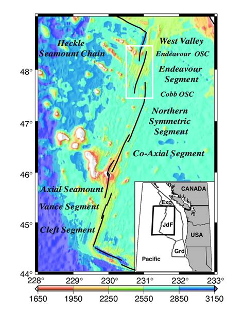 Bathymetry of the Juan de Fuca Ridge (in meters) showing the location ...