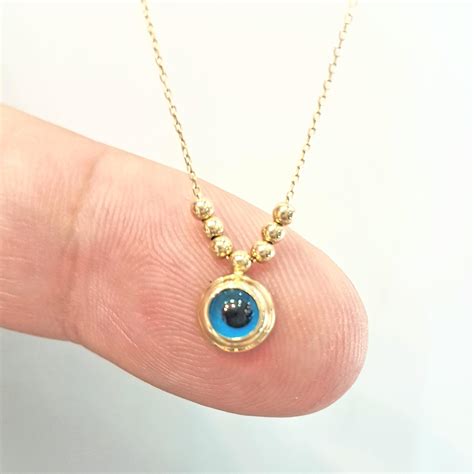 14K Real Solid Gold Lucky Evil Eye with Three Balls Blue Eyes Tiny ...