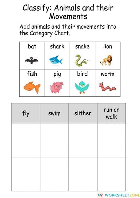 Vocabulary Worksheet "Animal Movements: Classify" | Animal movement ...