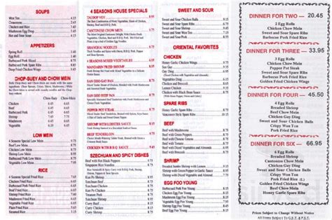 4 Seasons Restaurant menu in Newmarket, Ontario, Canada