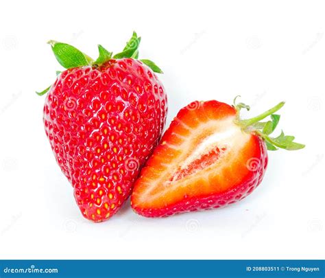 One Strawberry Fruit and a Half Cut Isolated on White Background with ...