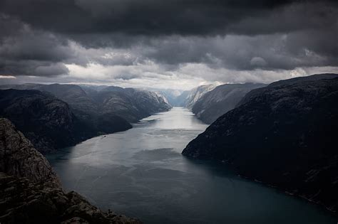 HD wallpaper: norway lysefjord, river, moutains, dark clouds, Landscape ...