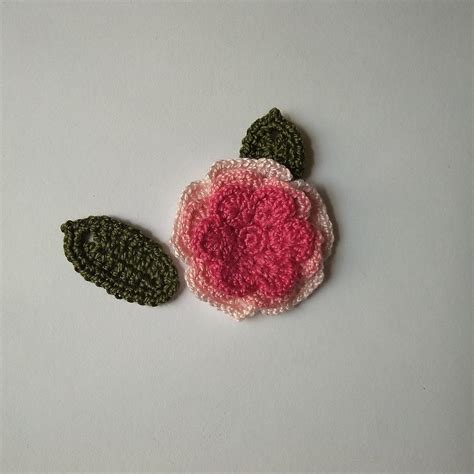 Crochet Rose Flower Applique With 2 Leaves Flower Applique - Etsy