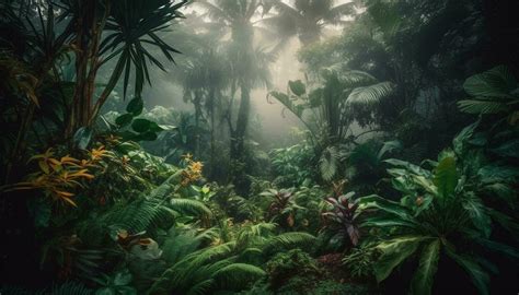 Tropical rainforest beauty in nature green palm tree, wet fern ...